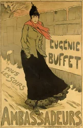 Jäljennös julisteesta, jossa mainostetaan "Eugenie Buffet", Pariisin Ambassadeursissa, 1893